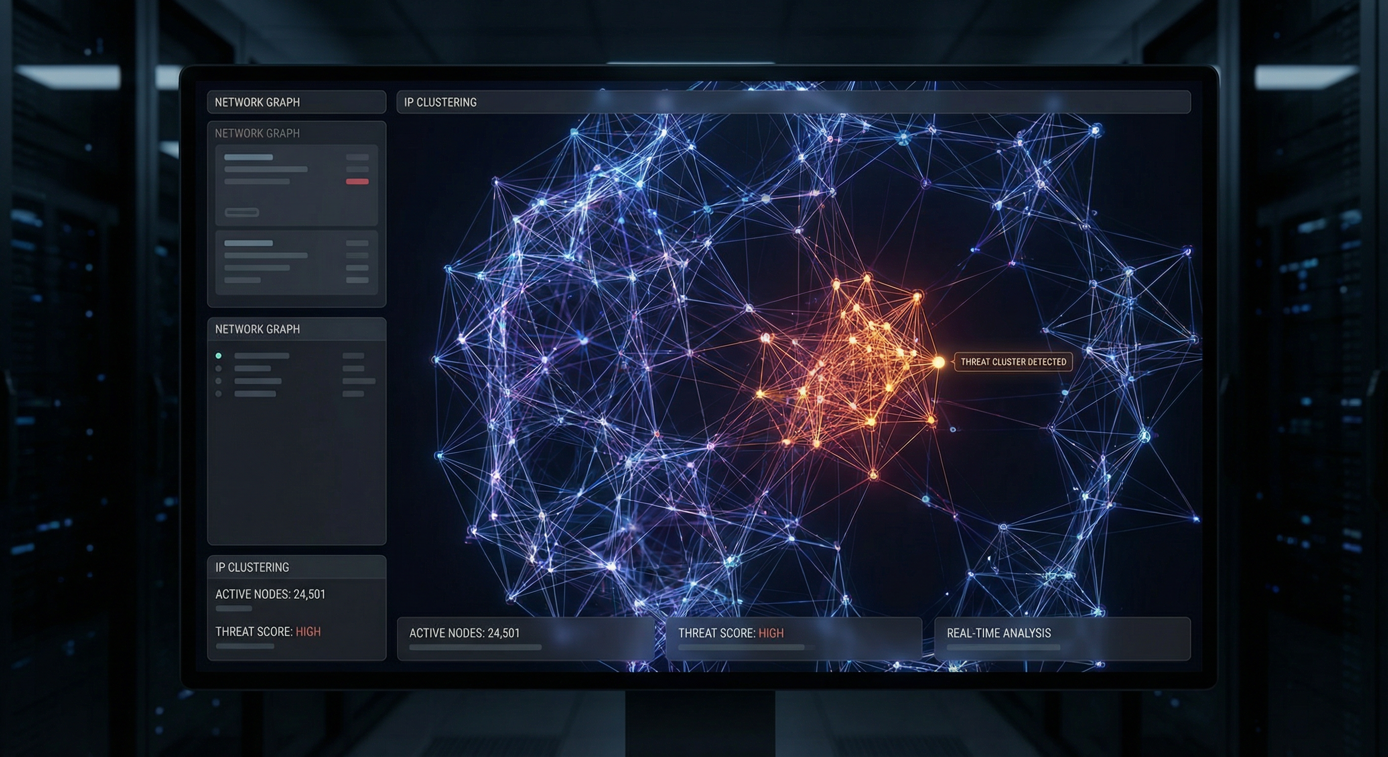 CTR 3D network graph dashboard with interconnected data nodes